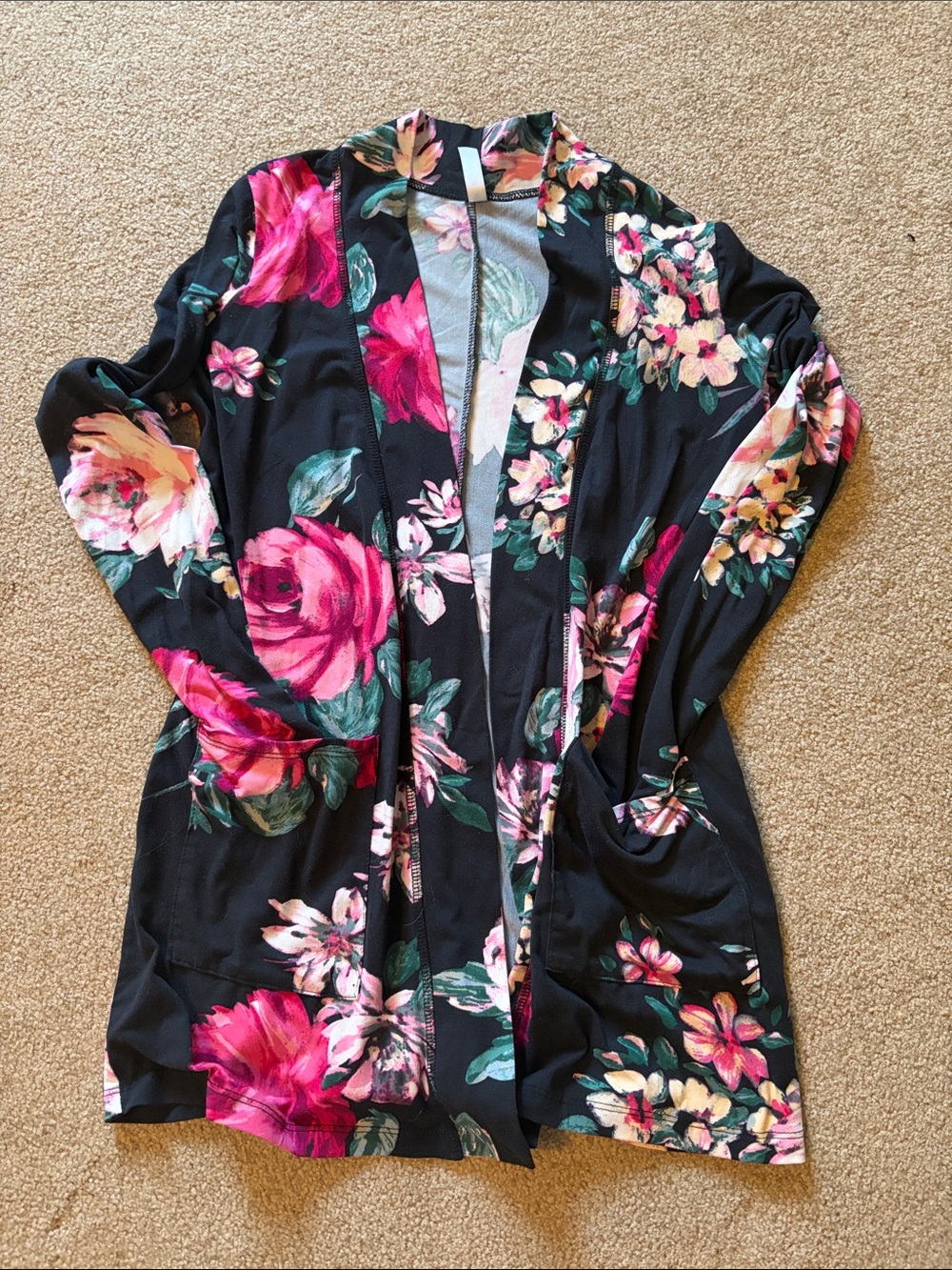 Floral Open-Front Women's Cardigan - Black with Pink Floral